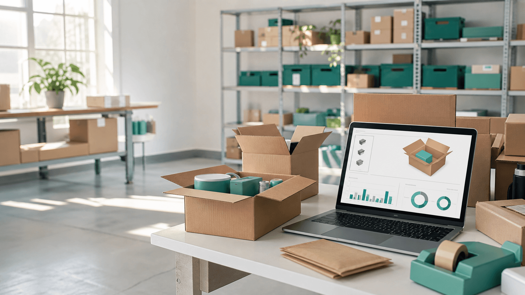 Postazione packing e-commerce con dashboard di calcolo scatole